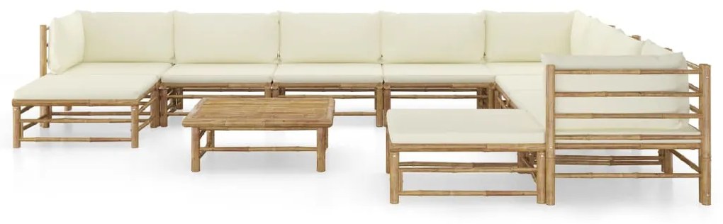 11 pcs conj. lounge jardim em bambu c/ almofadões branco nata