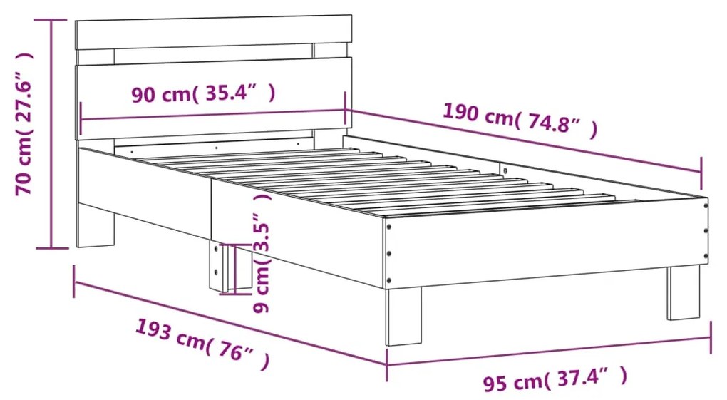Estrutura de cama c/ cabeceira 90x190 cm deriv. madeira branco