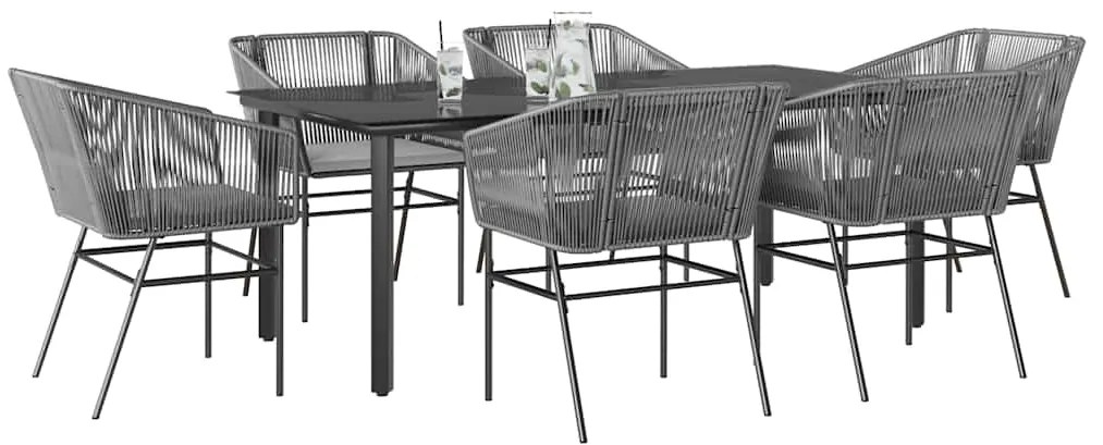 Conjunto jantar jardim 7 peças almofadas vidro vime cinzento PE
