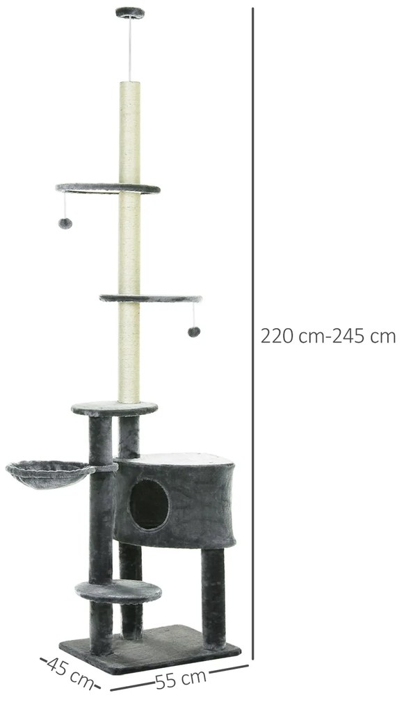 Árvore para arranhar para gatos 220-245 cm Altura Ajustável ao Teto com Plataformas Cinza Escuro