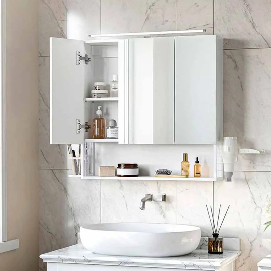 Armário espelho de casa de banho de 3 portas com iluminação e prateleira regulável em altura 14,5 x 70 x 70 cm Branco