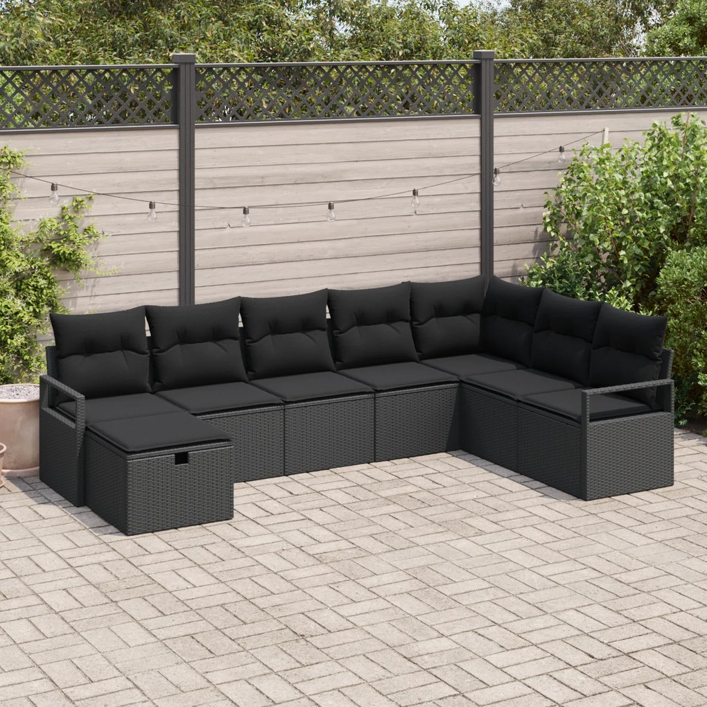 Conjunto de Sofá de Jardim de 8 Peças com Almofadas Rattan Poly Preto