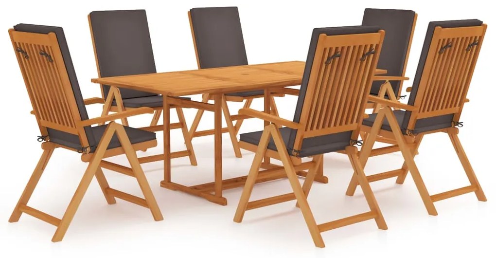 vidaXL 7 pcs conjunto jantar jardim + almofadões cinzentos teca maciça