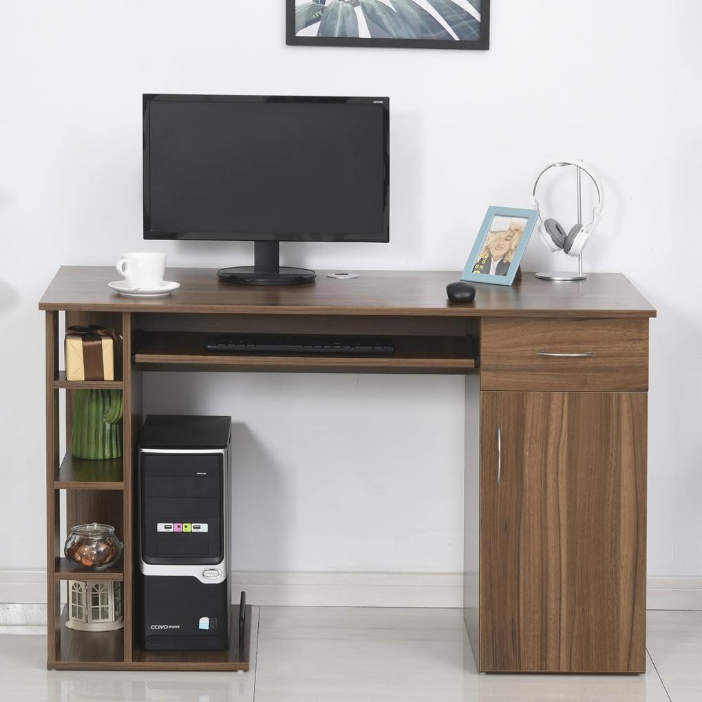 HOMCOM Secretária para escritório com prateleiras abertas Gabinete de suporte de CPU e bandeja removível 120x60x74 cm madeira natural