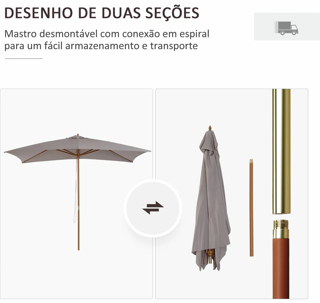 Chapéu de Sol de Jardim com Sistema de Poli Teto Ventilado e Mastro de Madeira para Exterior 2,95x2x2,55m Cinzento