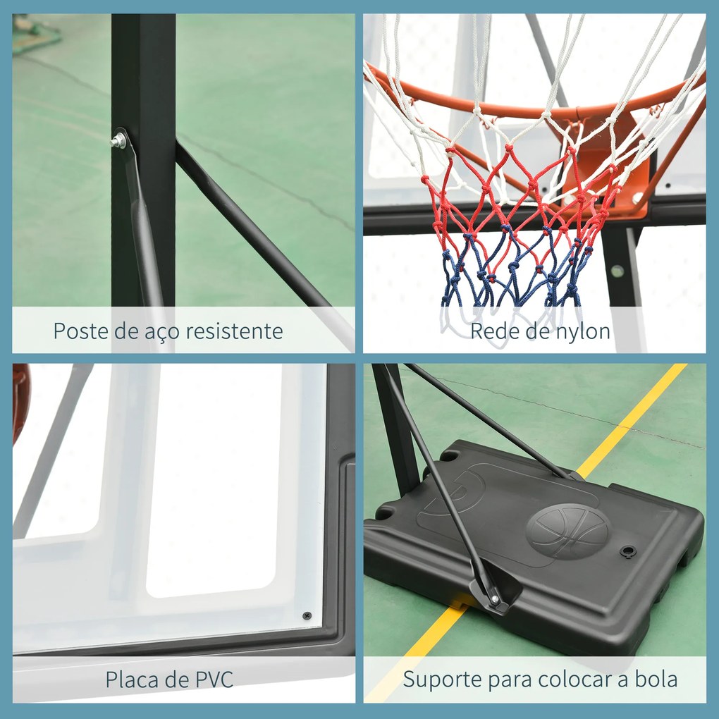 Cesto de Basquetebol Portátil Ajustável em Altura com Base Recarregável para Crianças e Adultos 86x165x302-352 cm Preto