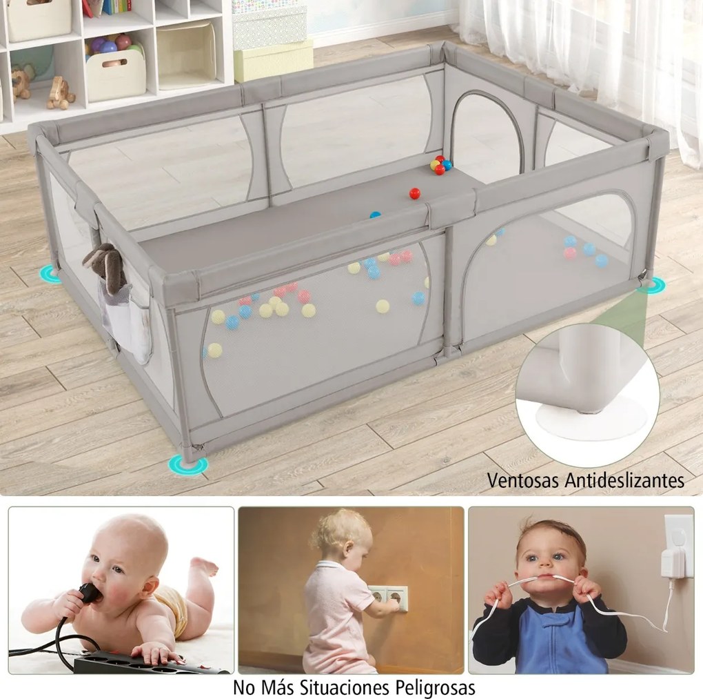Parque para bebés 206 x 147 x 68,5 cm com rede respirável, bolsa de transporte, 50 bolas oceânicas e porta com fecho de correr  – Cinza claro