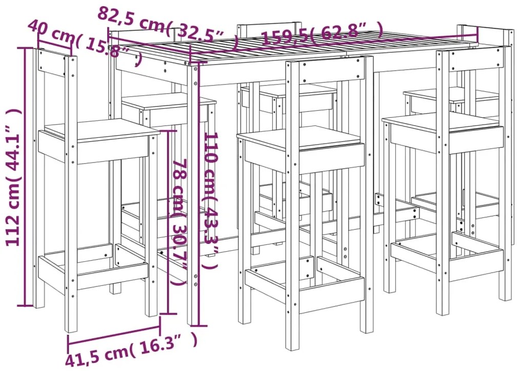 7 pcs conjunto de bar para jardim pinho maciço