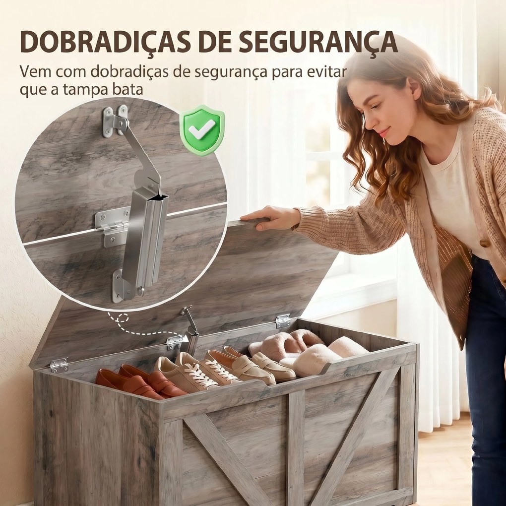 Baú de Arrumação 100 L com Dobradiça de Segurança e Recorte em U para Entrada e Sala 80x40x45 cm Cinzento