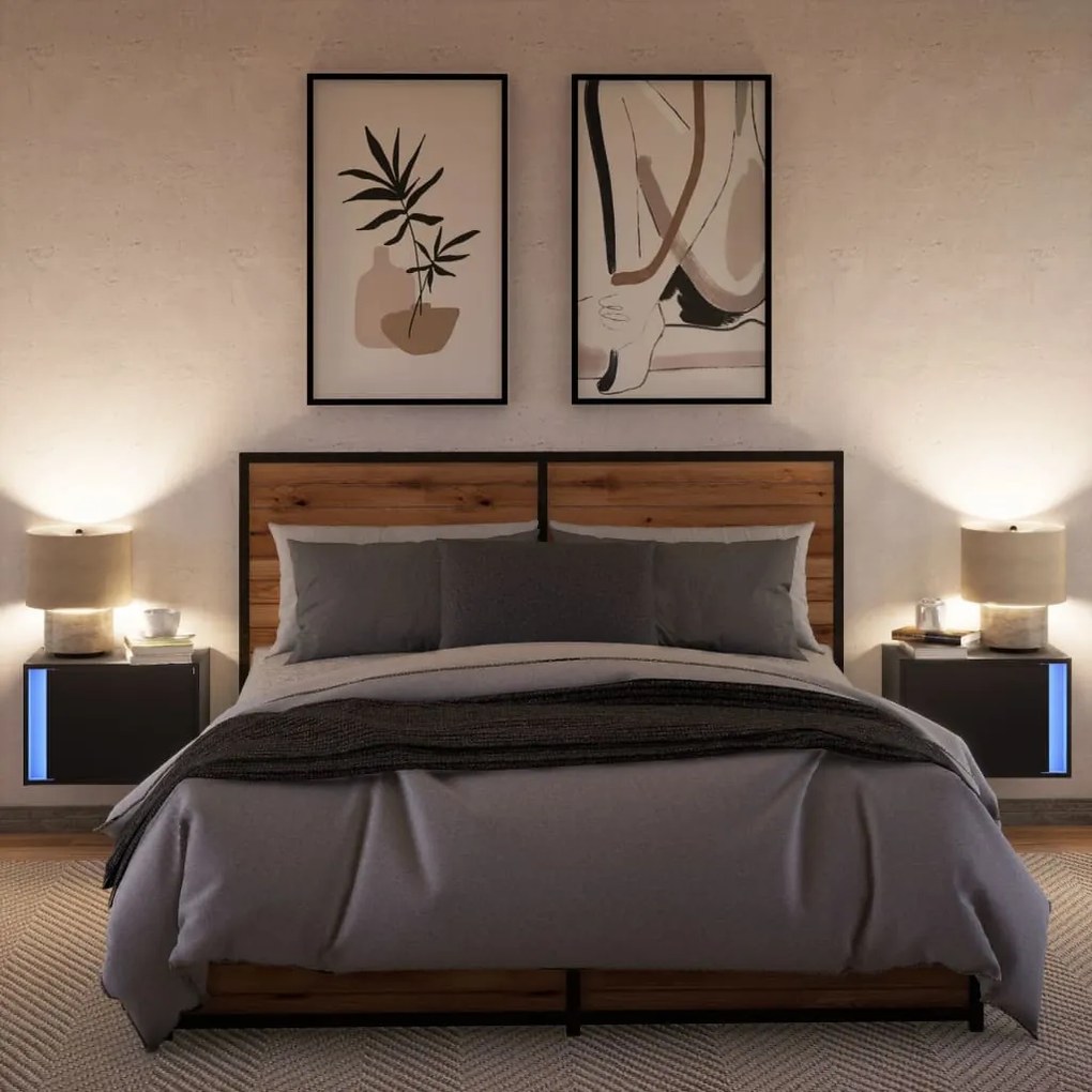 Mesas de cabeceira de parede com luzes LED 2 pcs preto