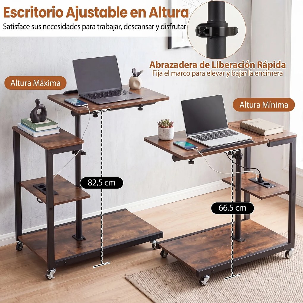 Mesa Auxiliar em C com Rodas, 68 x 40 x 66,5-82,5 cm, Tampo Elevável e Inclinável, Castanho+Preto