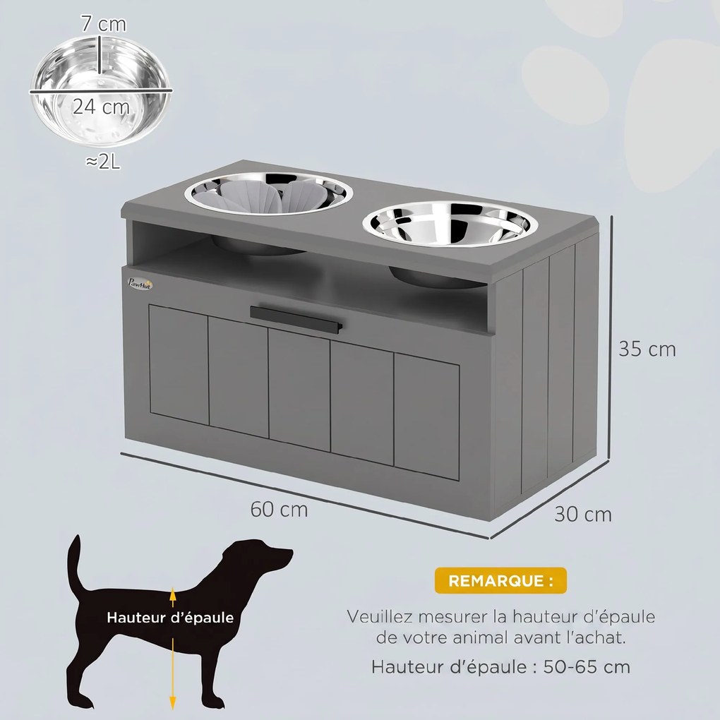 Tigela Elevada para Cão, 60 x 30 x 35 cm, Tigela Anti-Gula, Cinzento