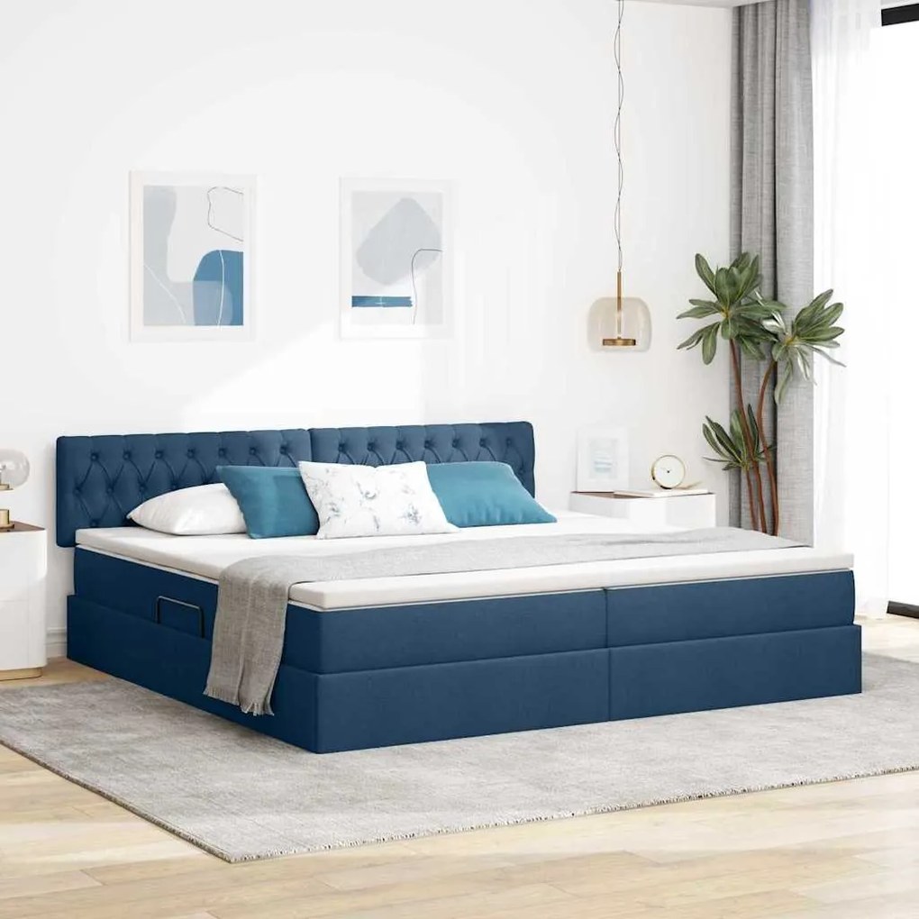 vidaXL Cama com arrumação e colchão com colchão Azul 200 x 200 cm