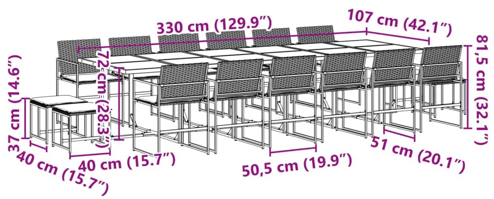 17 pcs conjunto de jantar p/ jardim c/ almofadões vime PE preto