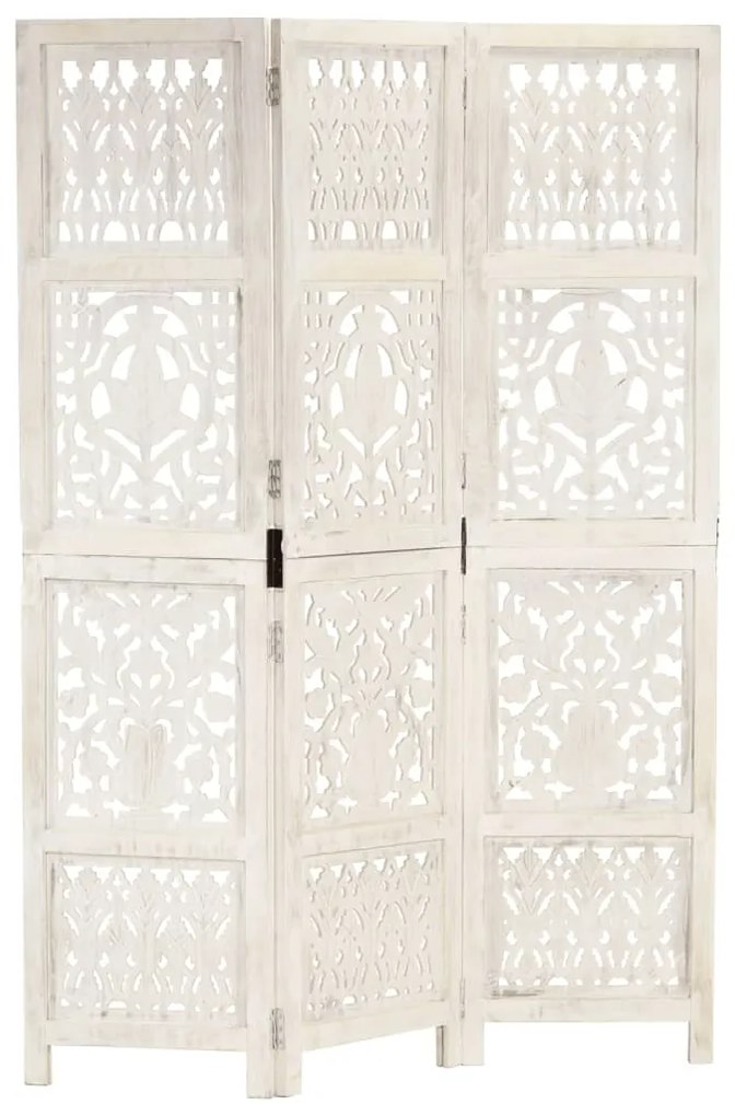 vidaXL Biombo esculp. mão 3 painéis 120x165 cm mangueira maciça branco