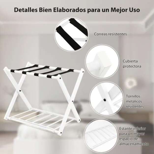 Conjunto 2 estantes de metal para bagagens até 60 kg com 4 correias estáveis e 2 pisos para casa e hotel 68 x 43 x 58 cm Branca