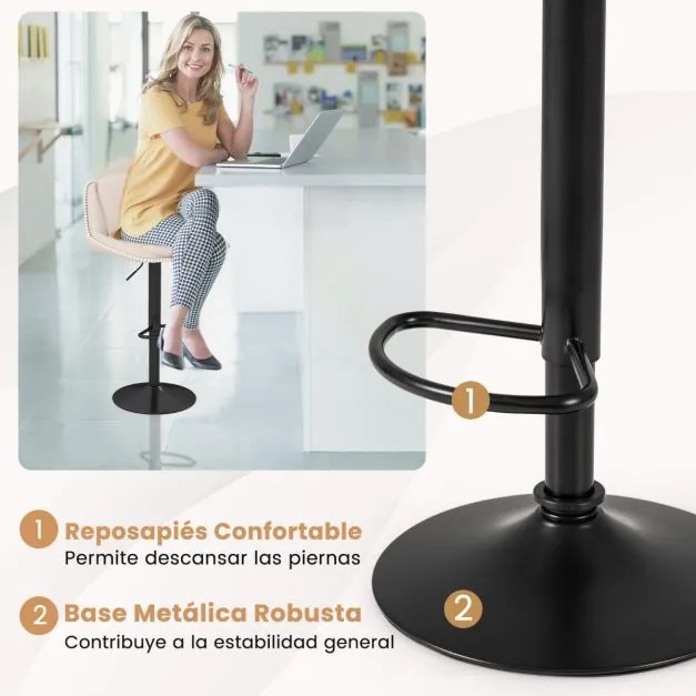 Conjunto de 2 bancos de bar modernos estofados em chenille com altura ajustável, encosto e assento acolchoados, apoio para os pés e giratórios, bege