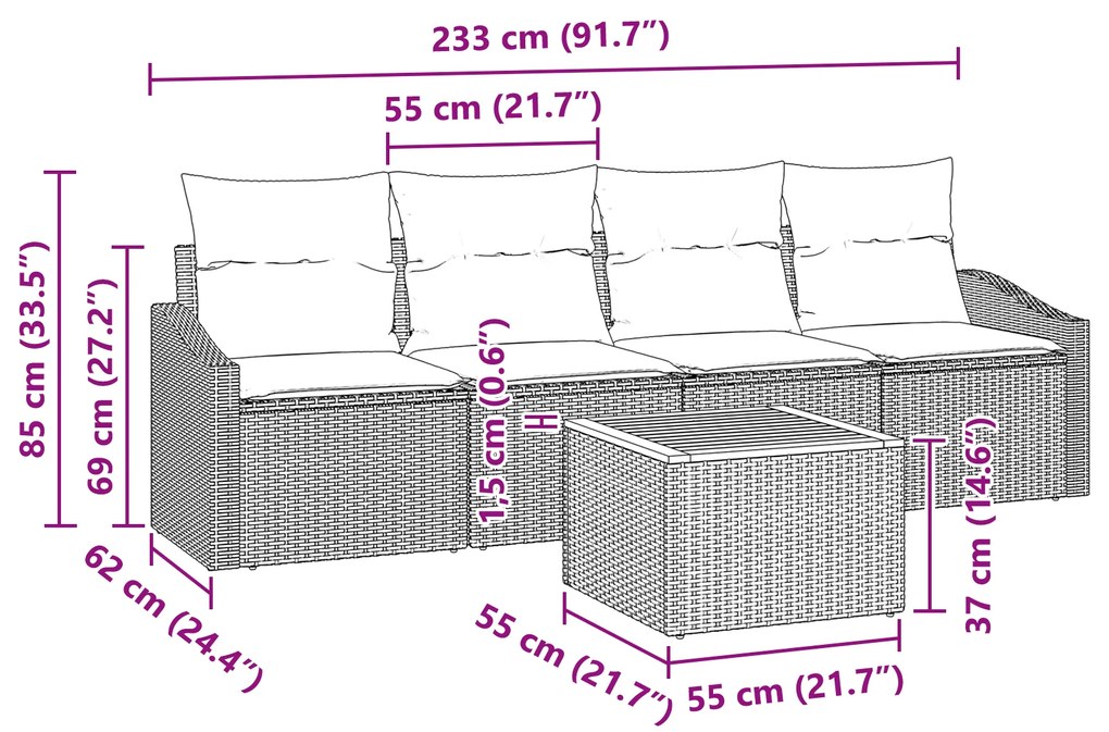 Conjunto de Sofás de Jardim 5 Peças com Almofadas Bege Poliratan Acáci