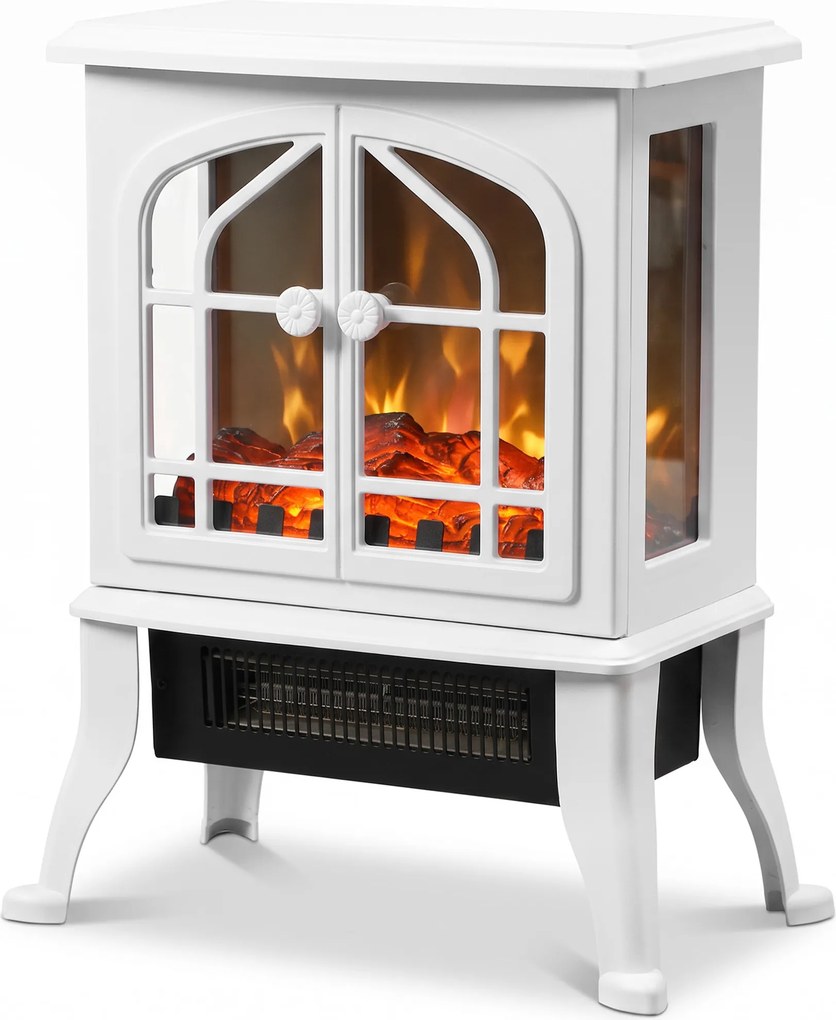 HOMCOM Lareira Elétrica de Pé 900/1800W com Efeito de Chama 3D, Termóstato Regulável, Visível em 3 Lados, para 15-30 m², Branca | Aosom Portugal