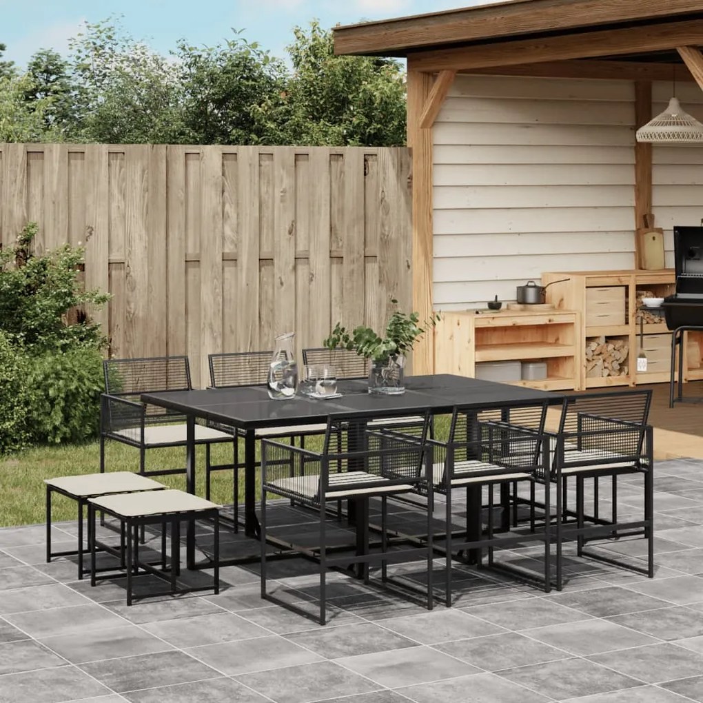 11 pcs conjunto de jantar p/ jardim c/ almofadões vime PE preto