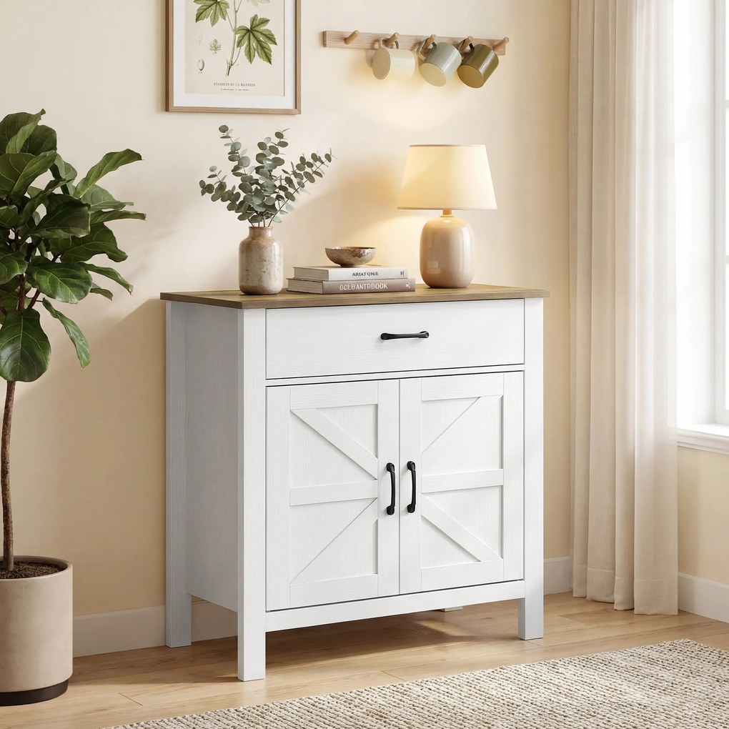 Aparador de sala 77 x 39,3 x 81,5 cm, móvel de arrumação com 2 portas de estilo celeiro, gaveta e prateleira ajustável, branco e castanho