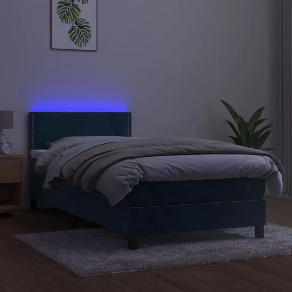 Cama box spring c/ colchão/LED 90x190 cm veludo azul-escuro