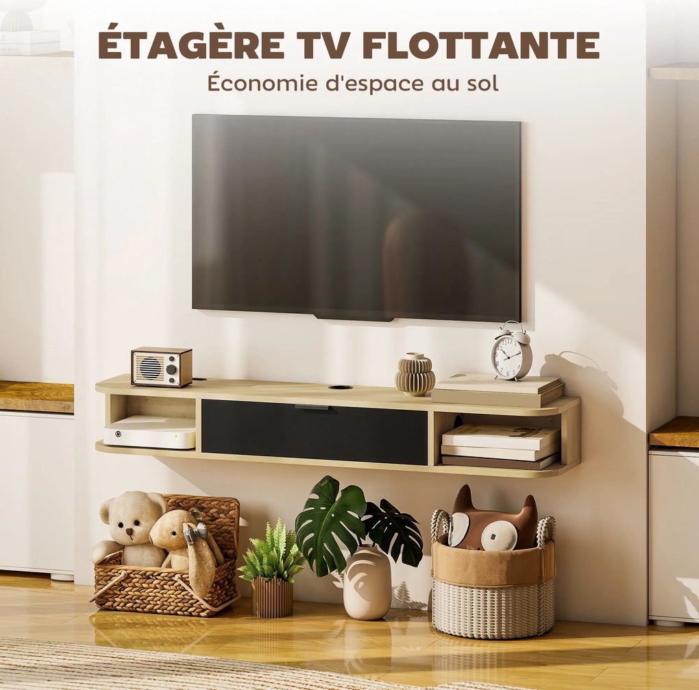 Móvel de TV suspenso 120 x 24 x 16 cm, móvel para televisores até 50 polegadas, com gaveta rebatível e 2 prateleiras, preto e castanho