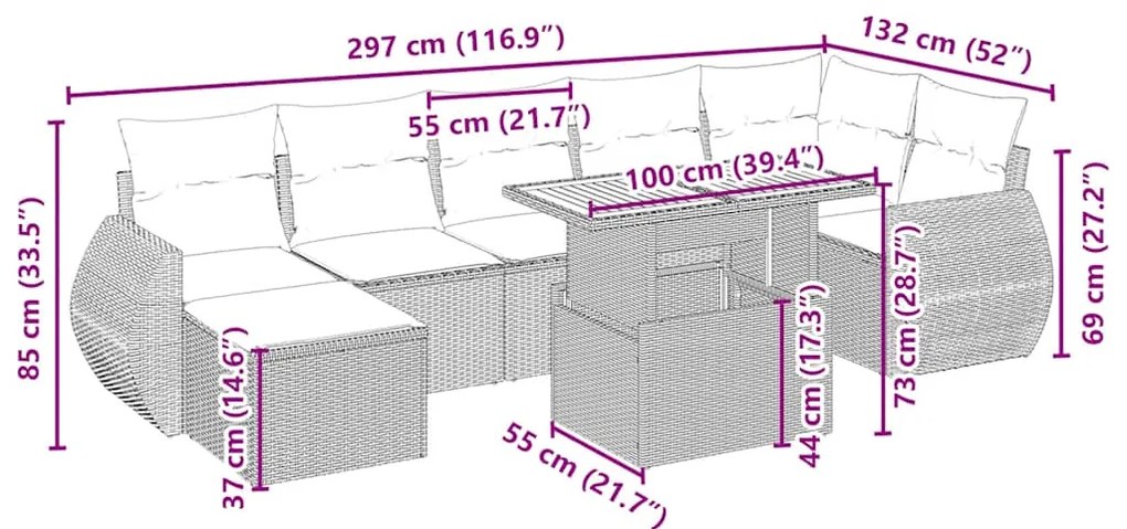 8 pcs conjunto de sofás p/ jardim com almofadões vime PE bege