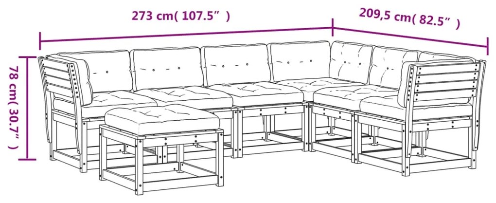 7 pcs conj. lounge jardim com almofadões madeira douglas maciça
