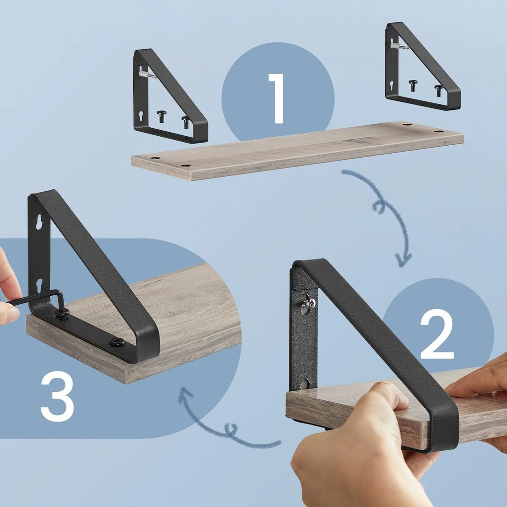 Conjunto de 3 prateleiras rústicas de parede com tamanhos diferentes cinzento + preto