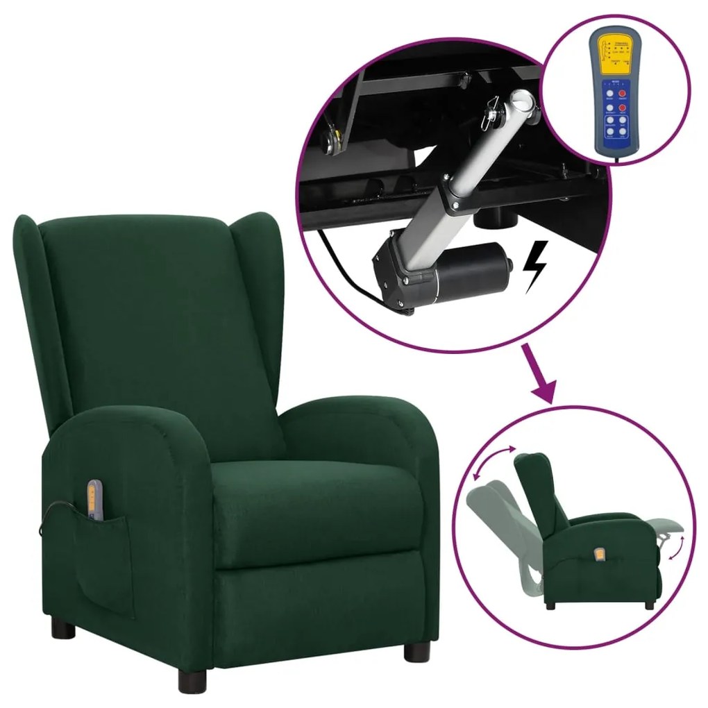 vidaXL Poltrona elevatória de massagens tecido verde-escuro
