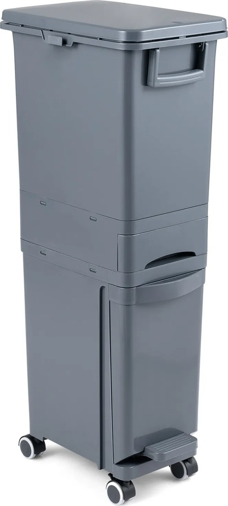 Caixote do lixo multifuncional 36 x 25 x 84 cm com pedal, base inclinável, gaveta com 2 compartimentos e autocolantes de classificação para cozinha e
