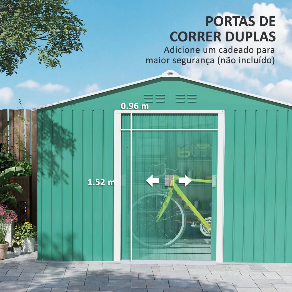 Abrigo de Jardim Exterior 4,9 m² 277x195x192cm Abrigo e Jardim Metálico para Armazenamento de Ferramentas Verde Escuro