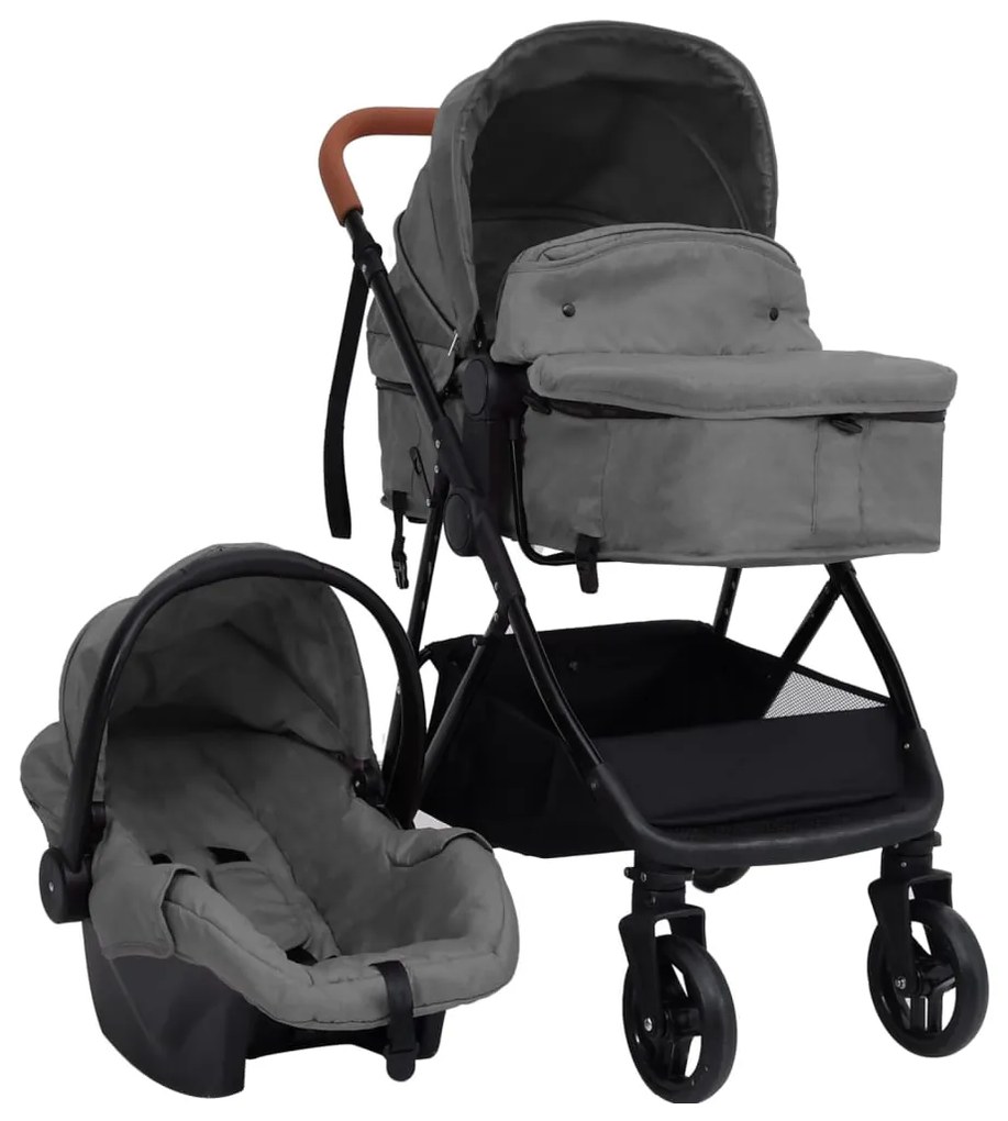 vidaXL Carrinho de bebé 3-em-1 aço cinzento-claro e preto