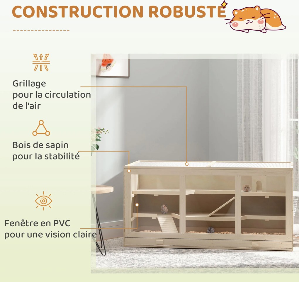 Gaiola para hamsters e gerbil, 2 níveis, teto abrível, janelas, casinha e 2 escadas, 115 x 57 x 55 cm, efeito de madeira natural