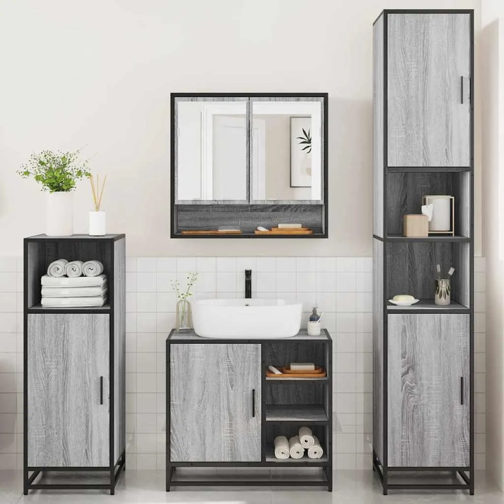 4 pcs Conjunto móveis casa de banho madeira proc. cinza sonoma