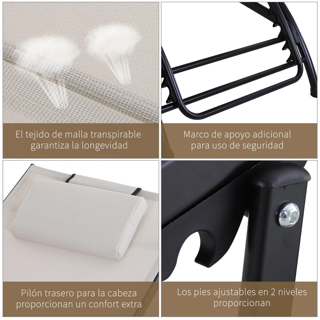 Outsunny Espreguiçadeira de Jardim Reclinável com Encosto Ajustável de 5 Níveis Apoio para os Pés Regulável e Apoio para a Cabeça Removível para Terraço Balcão Exterior 66x152x81cm Bege