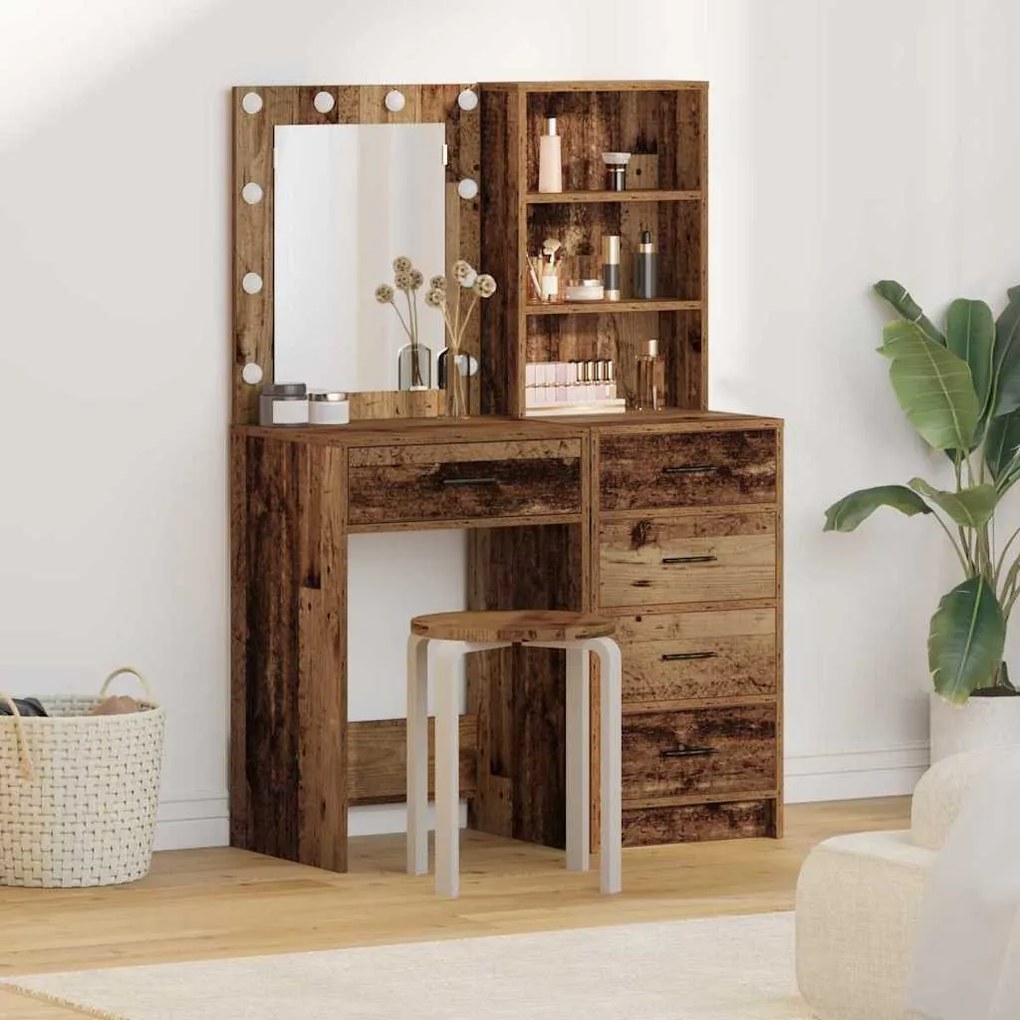 Conjunto de Mesa de Maquiagem 2 Peças com LED Madeira Velha Compensado