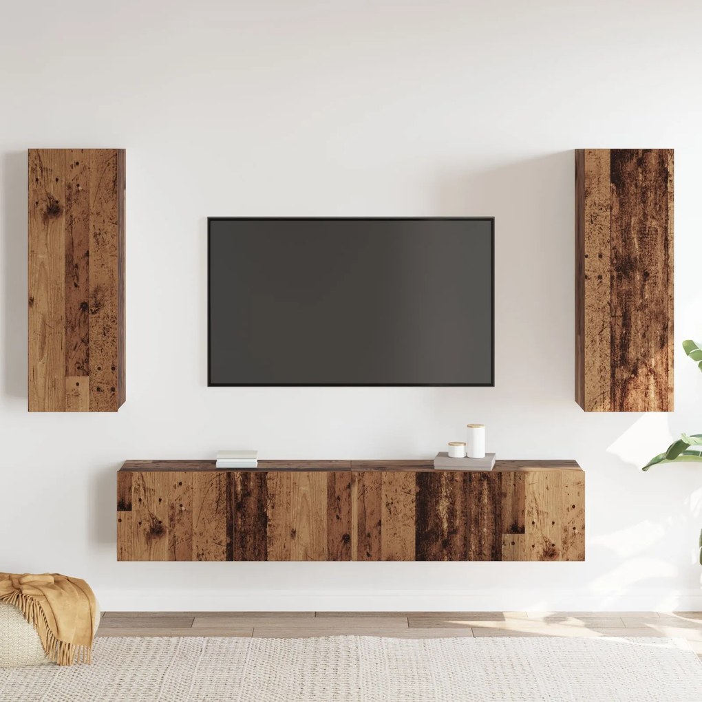 Conjunto de 4 Peças de Armário para TV em Madeira Envelhecida e Madeir
