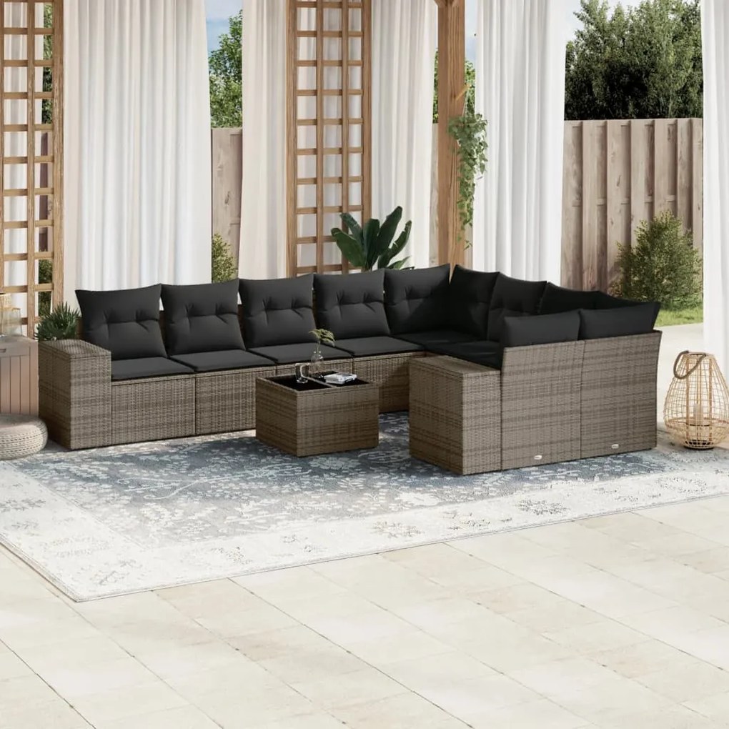 vidaXL 10 pcs conjunto sofás de jardim c/ almofadões vime PE cinzento