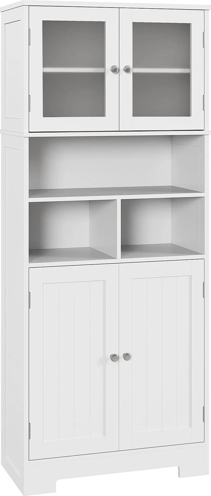 HOMCOM Armário de Arrumação Multiusos com 2 Portas de Vidro Prateleiras Ajustáveis Armário Alto de Cozinha 60x30x145,5 cm Branco | Aosom Portugal