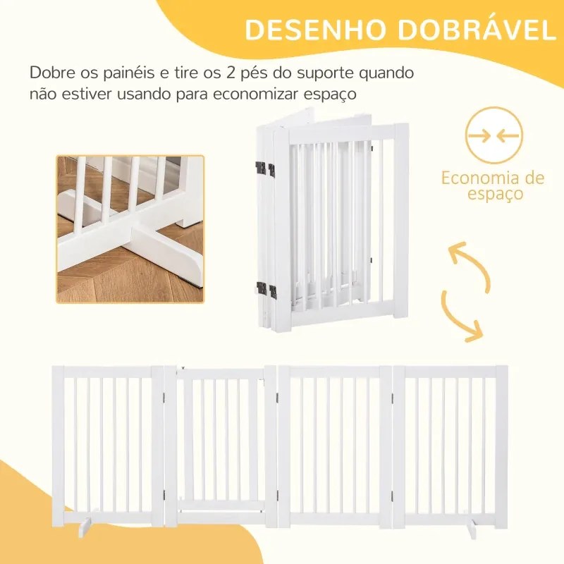 Barreira de Segurança para Cães 204x36x75 cm em Madeira Dobrável para Escadas e Portas para Cães Pequenos e Médios de 4 Painéis Branco