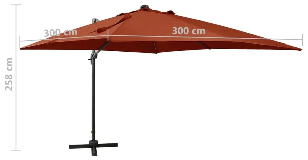 Guarda-sol jardim cantilever c/ poste/luzes LED 300cm terracota