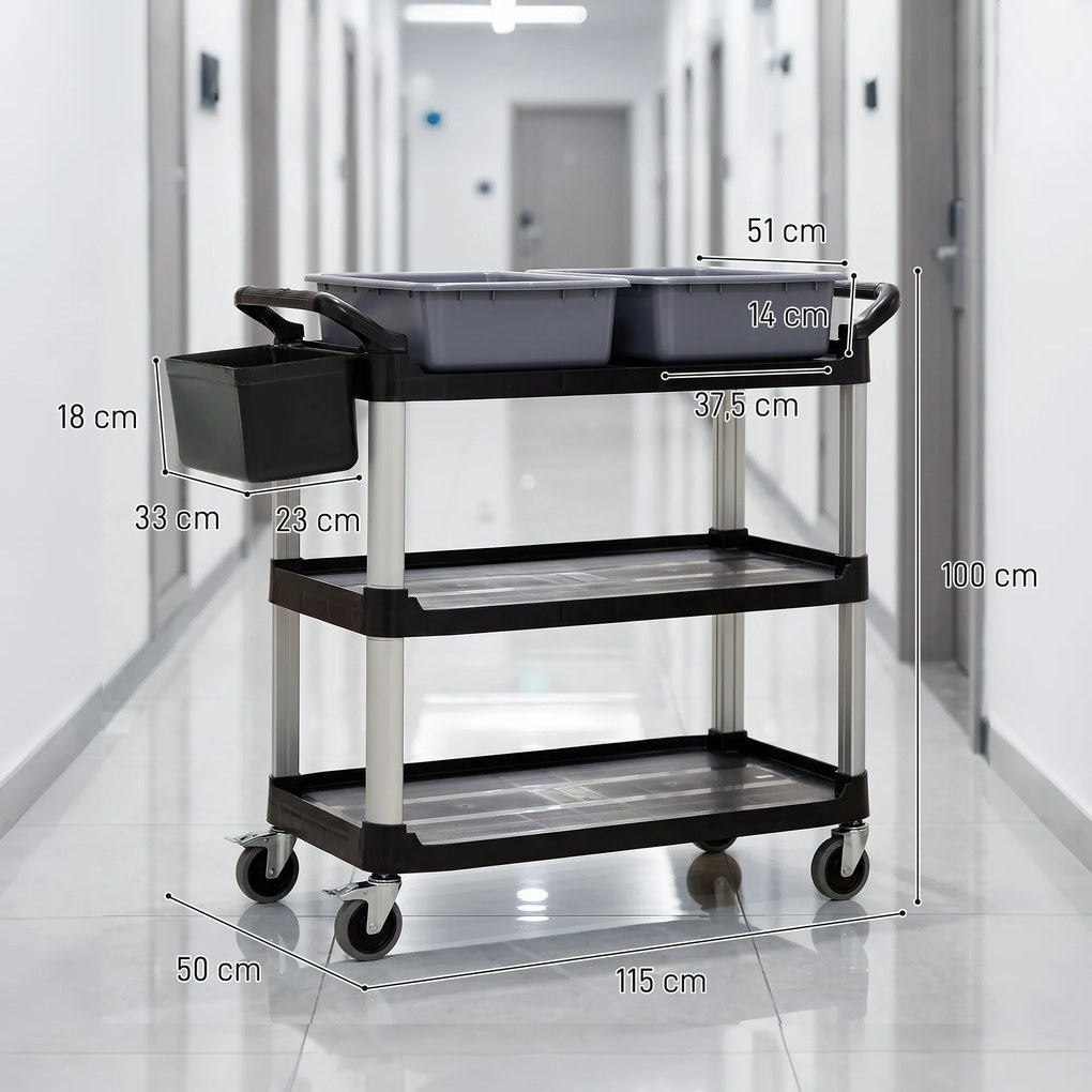 Carrinho de Limpeza com Rodas com 3 Prateleiras 2 Contentores e Balde Lateral Suspenso Carga 100 kg Preto.
