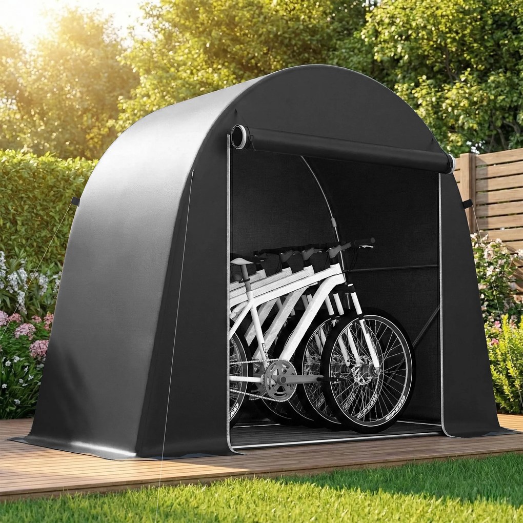 Abrigo de jardim em forma de tenda em Lona 245 x 120 x 200 cm, impermeável, para guardar objetos, com porta enrolável e fecho de correr, cinzento esc
