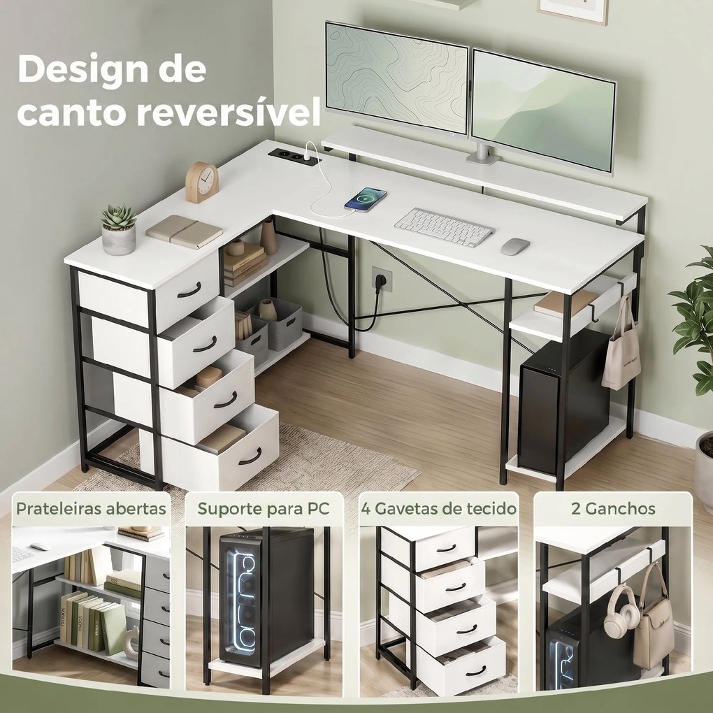 Secretária de canto com 4 gavetas com tomdas 155x112x85,5-91,5 cm Branco