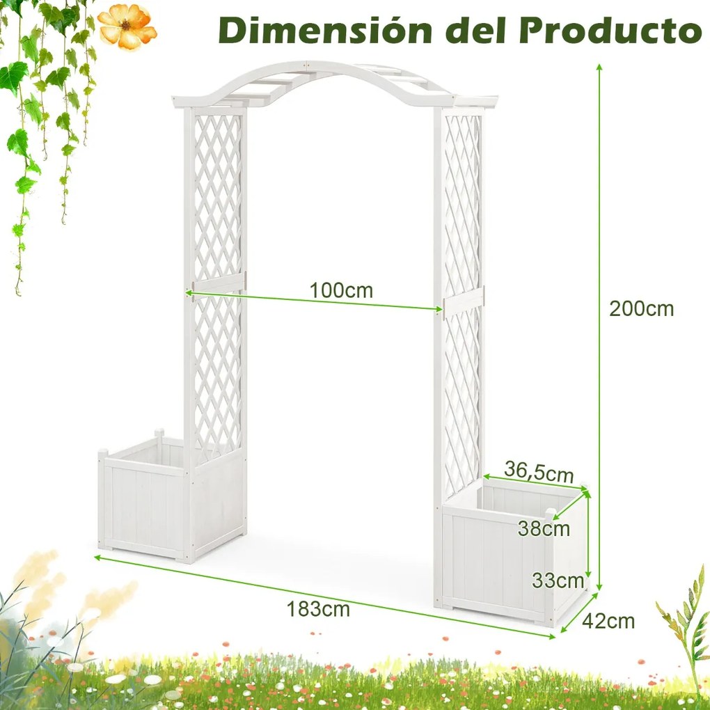 Arco de jardim com arco de madeira com floreira com treliça para plantas trepadeiras decorações para cerimônia de casamento 183x42x200cm branco