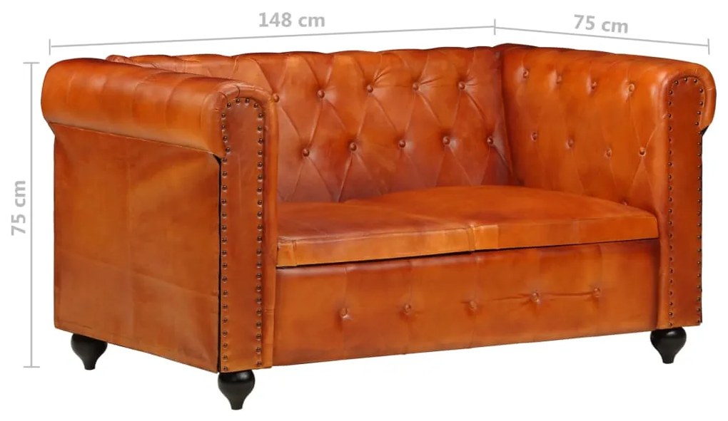 Sofá chesterfield de 2 lugares em couro genuíno bronze