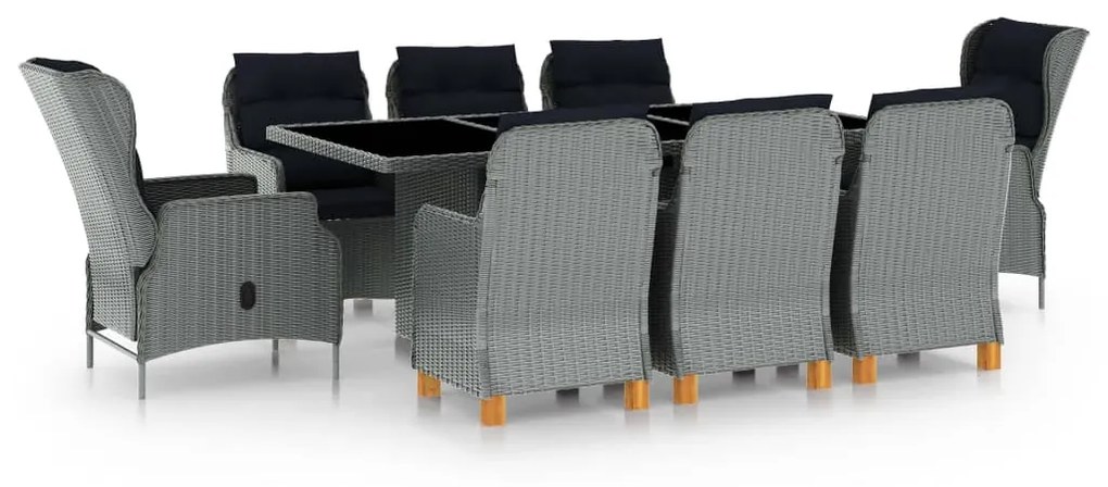 vidaXL 9 pcs conj. jantar exterior + almofadões vime PE cinzento-claro