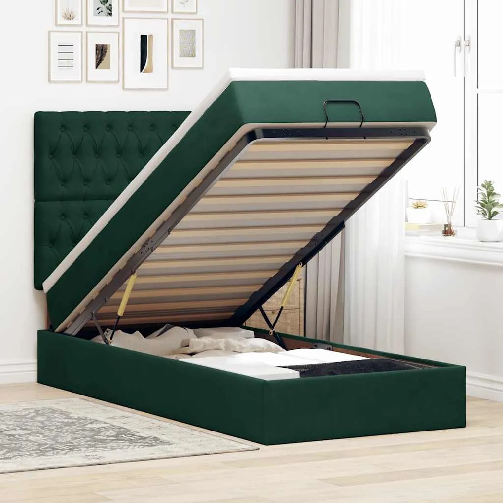 vidaXL Estrutura cama otomana colchões 90x190cm veludo verde escuro